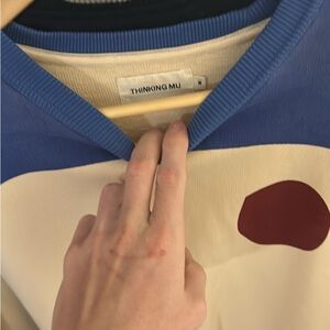 Thinking Mu Men's Blue and Cream Crewneck Sweater